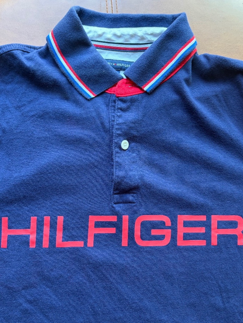 Tommy Hilfiger Men's Medium Polo Shirt Navy Blue Spell Out Rugby Stretch Pique